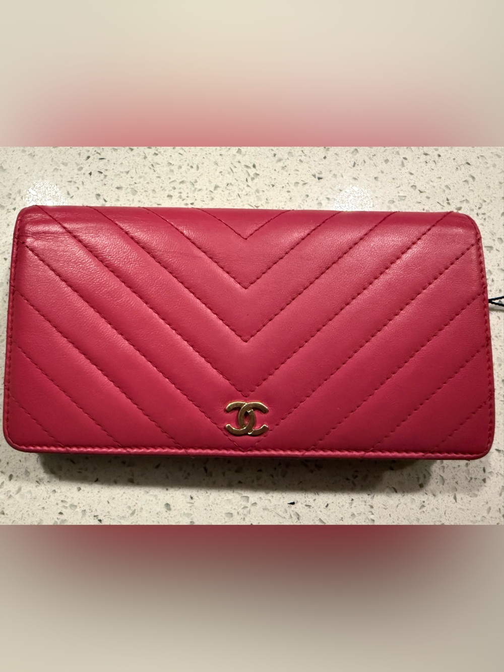 CHANEL Pink Chevron Quilted Long Wallet with Gold CC